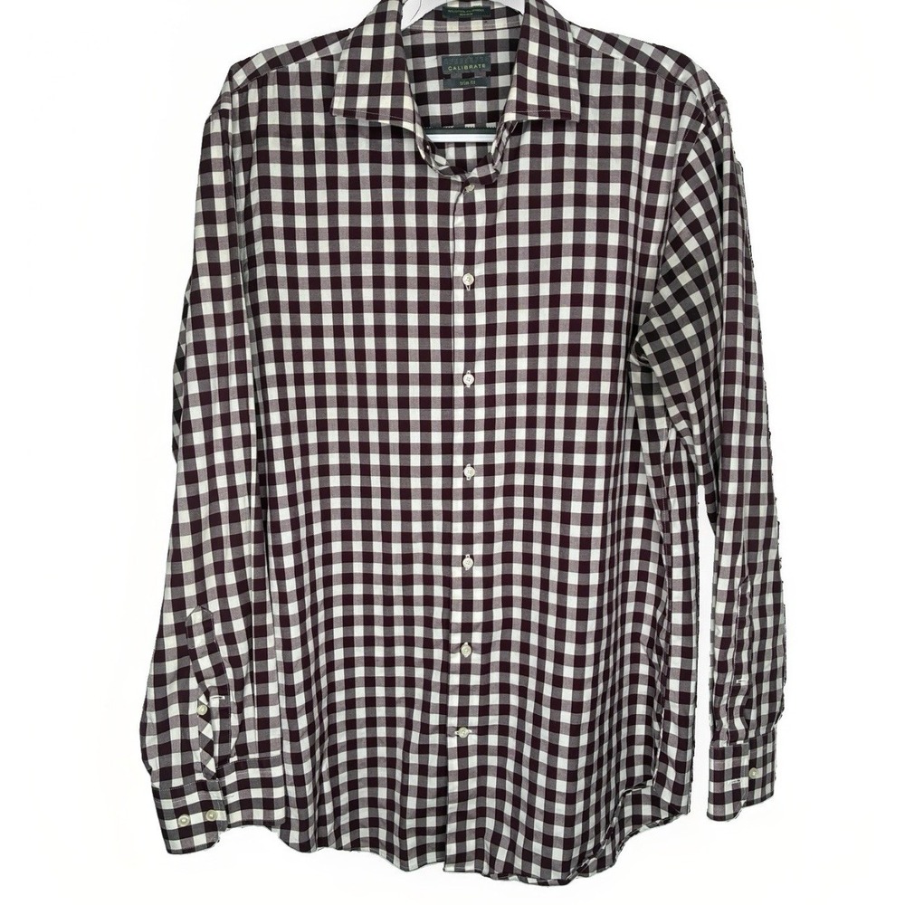 Calibrate Men's 16.5 34/35 Trim Fit Dress Shirt Checkered Long Sleeve Maroon